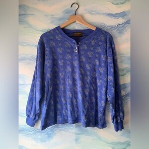 Eddie Bauer Vintage 100% Cotton Blue Floral Graphic Henley Top L